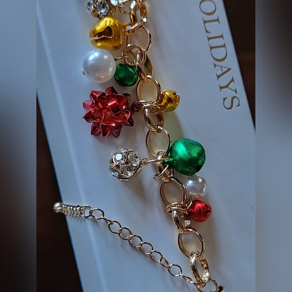 Gold Tone Holiday Christmas Bow Jingle Bell Faux Pearl Crystal Rolo Bracelet 8" - Picture 1 of 6